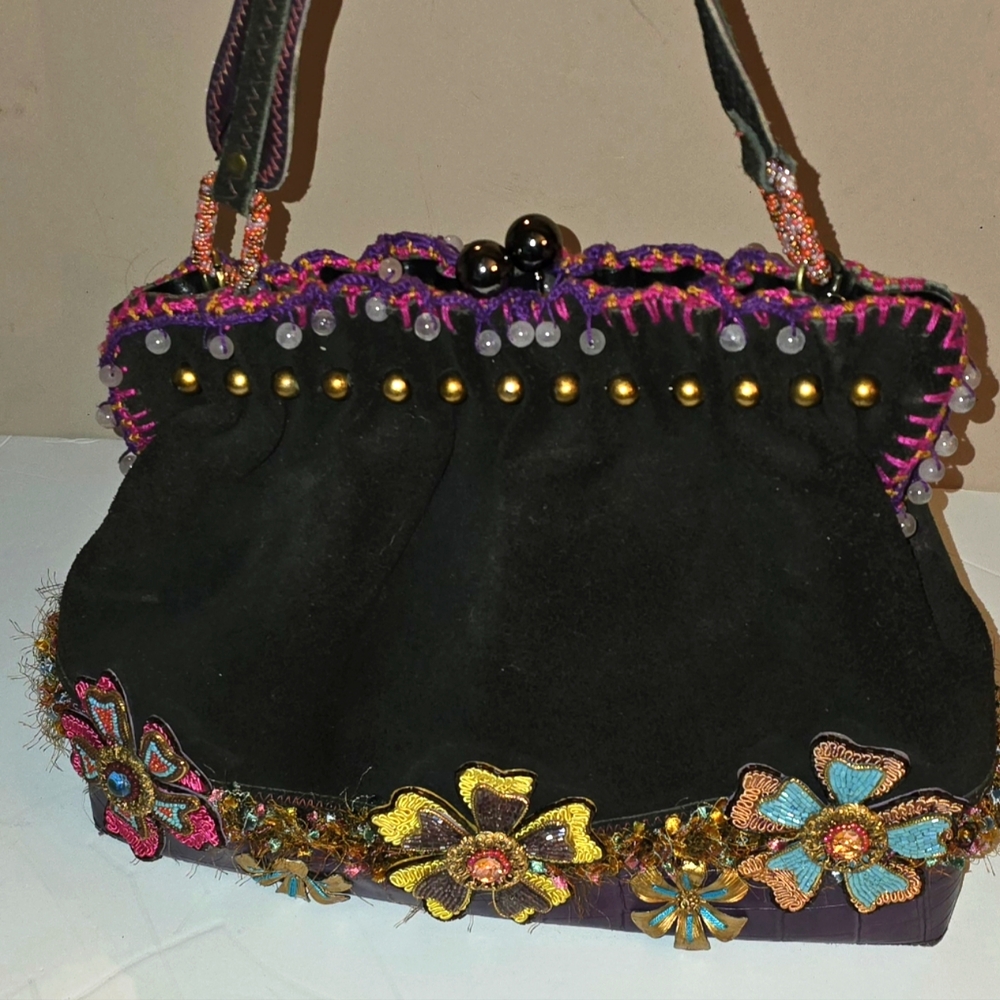 Mary Frances Black Floral Embellished Satchel